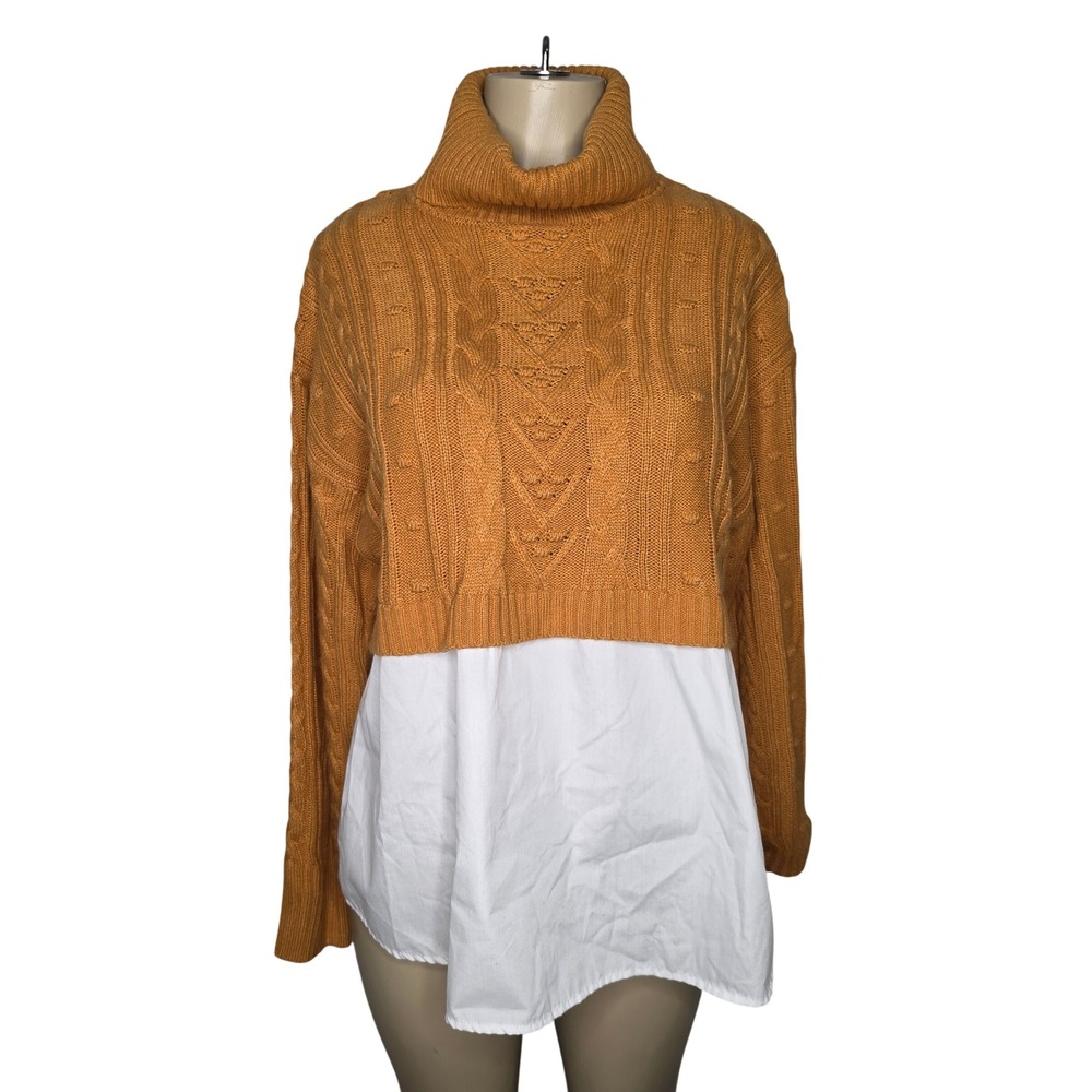 Vigoss Sweater Women M Mustard Yellow Cable Knit Turtleneck Layered Shirt Hem